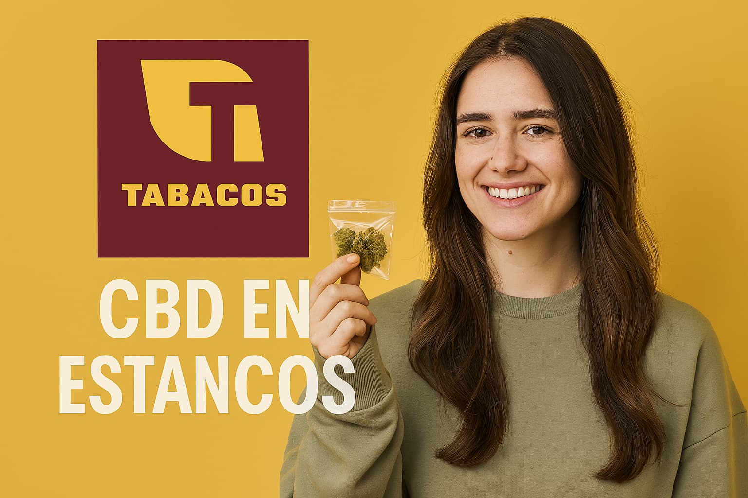 Chica mostrando flores de CBD junto al logo de estancos en fondo corporativo