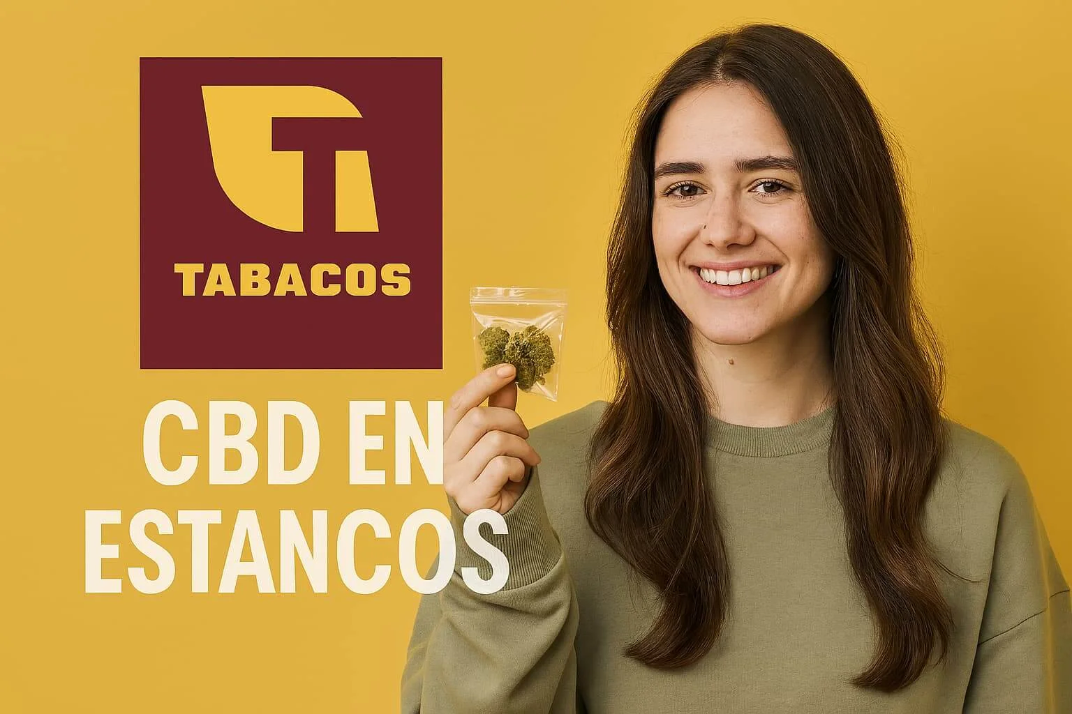 Chica mostrando flores de CBD junto al logo de estancos en fondo corporativo