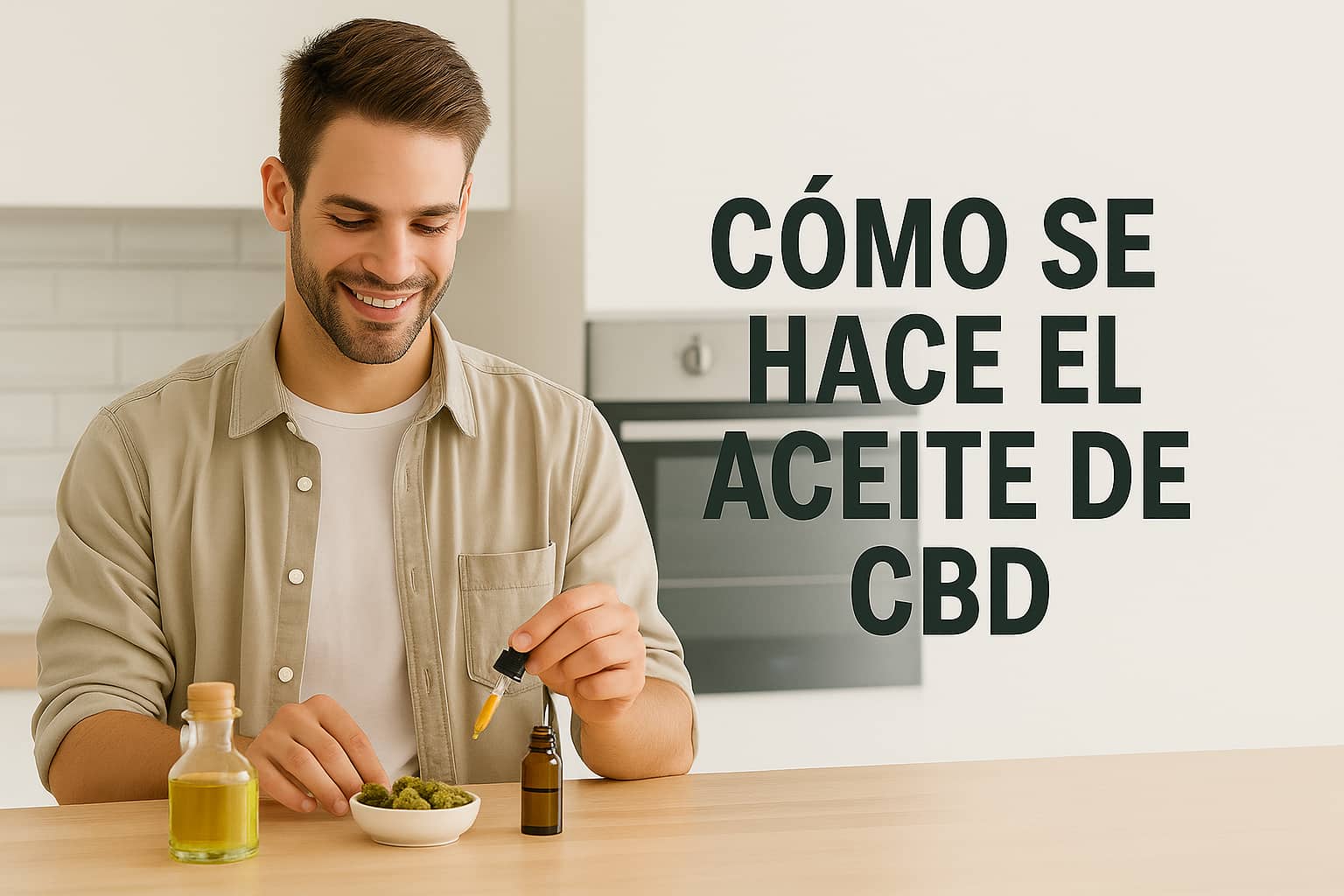 Hombre joven en cocina preparando aceite de CBD con cogollos