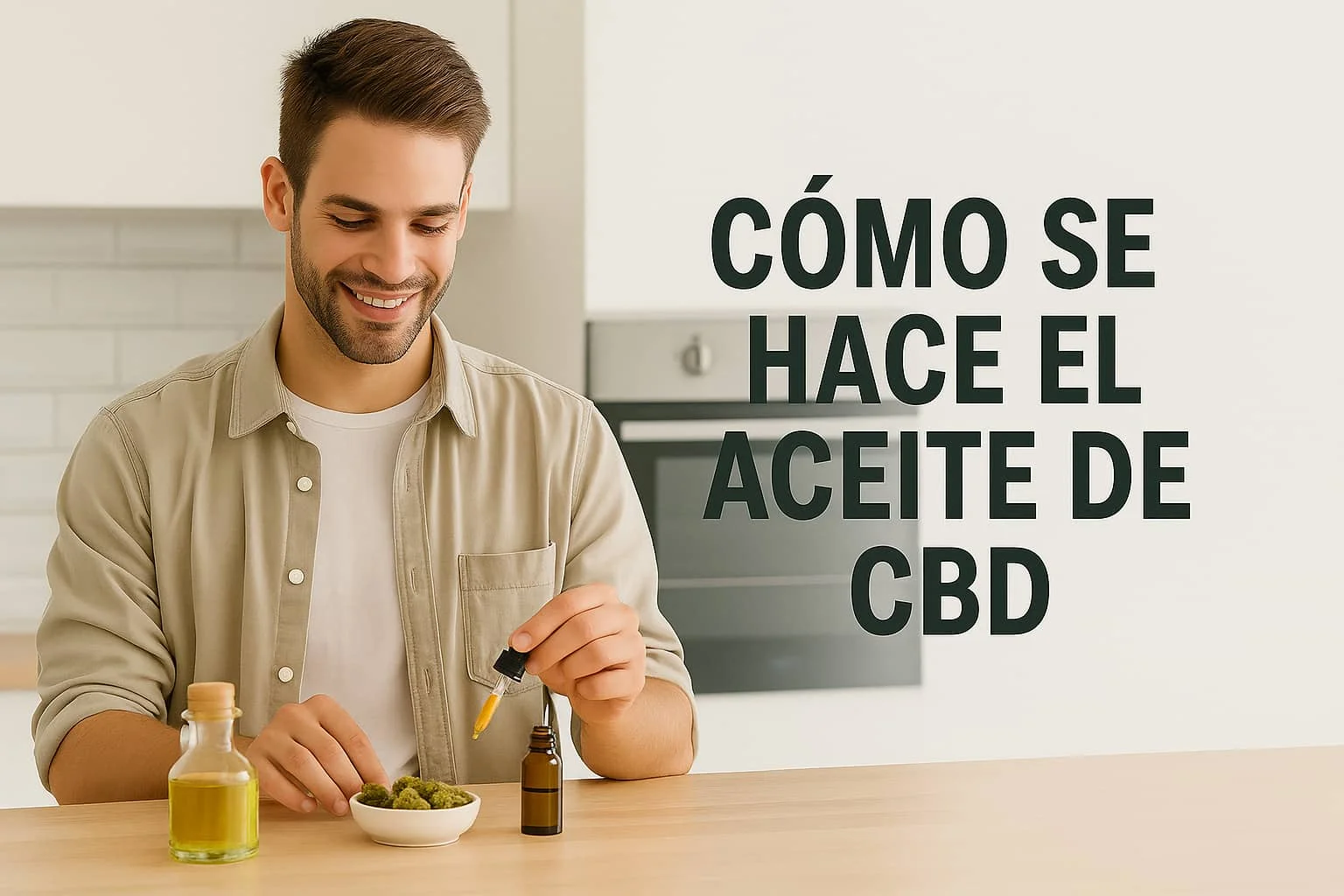 Hombre joven en cocina preparando aceite de CBD con cogollos