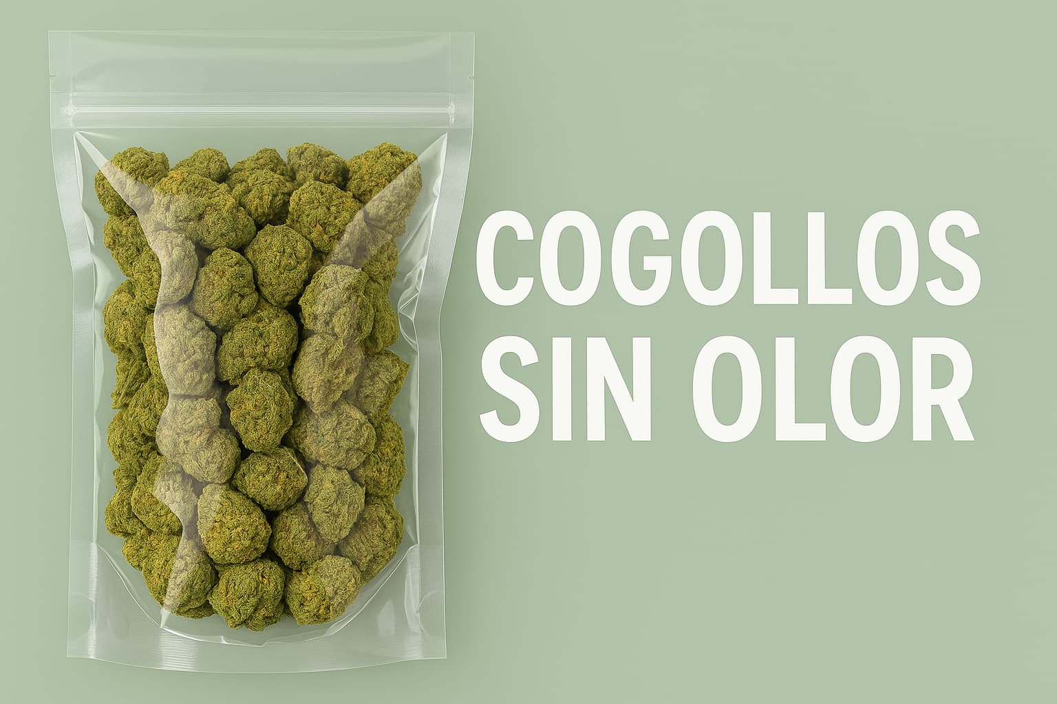 Cogollos de CBD sin olor en bolsa sellada sobre fondo verde