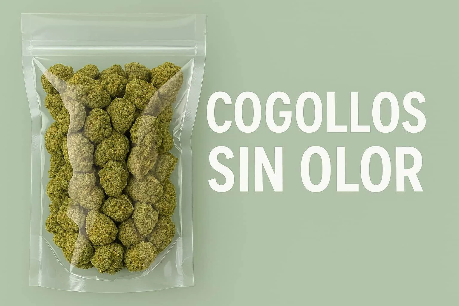 Cogollos de CBD sin olor en bolsa sellada sobre fondo verde
