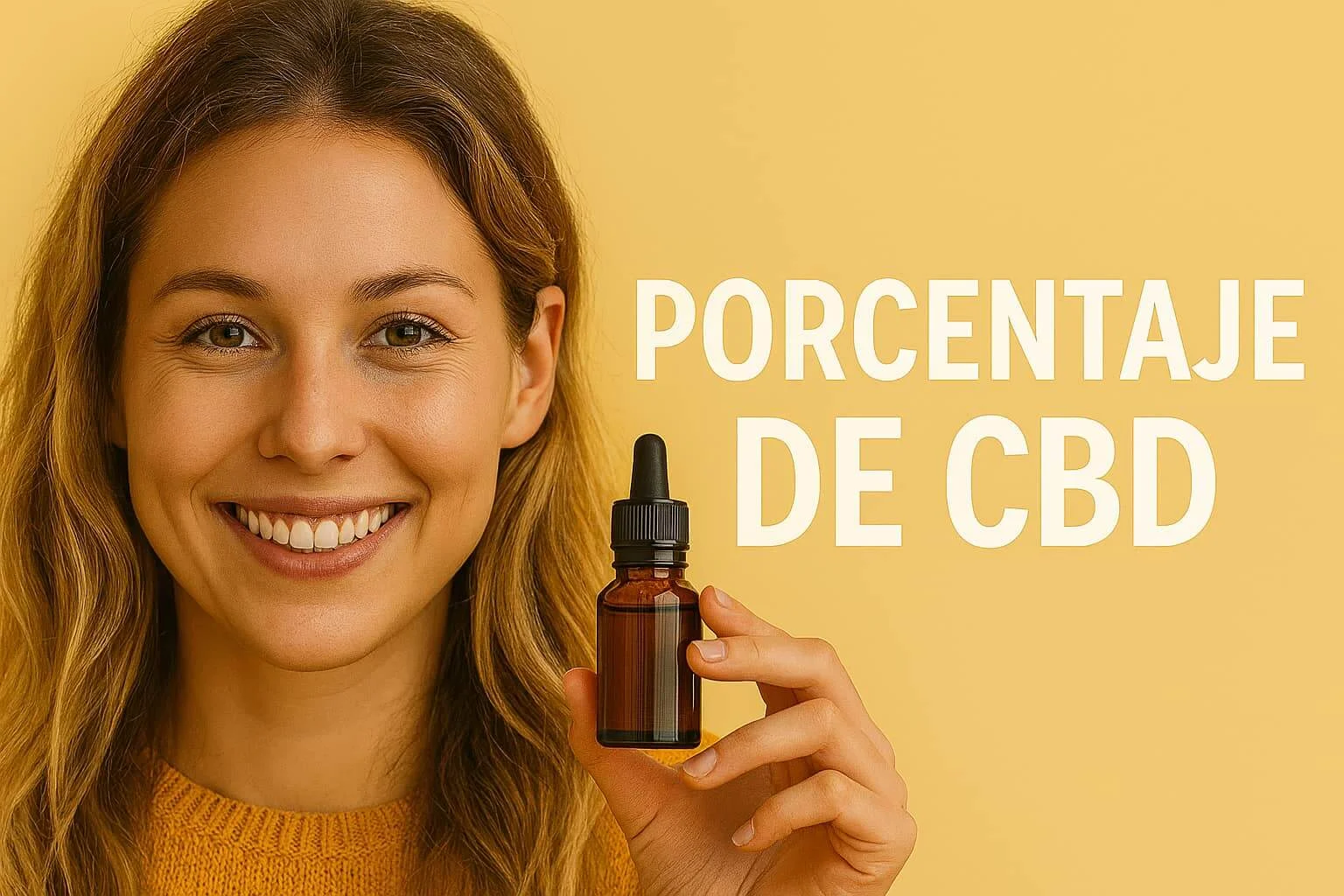 Mujer sonriente con frasco de aceite de CBD en fondo amarillo