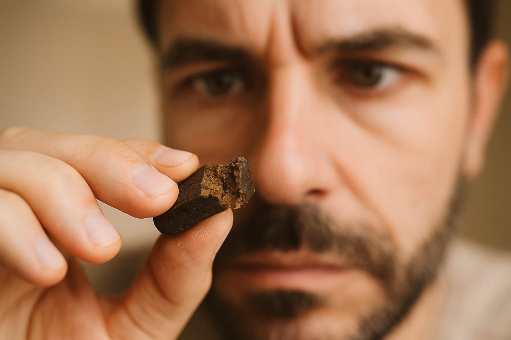 Primer plano de una mano evaluando la textura y color de un hash CBD de calidad