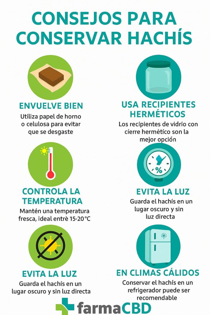 Infografía explicativa sobre los mejores métodos para conservar hachís CBD: envoltorios, recipientes y condiciones ideales.