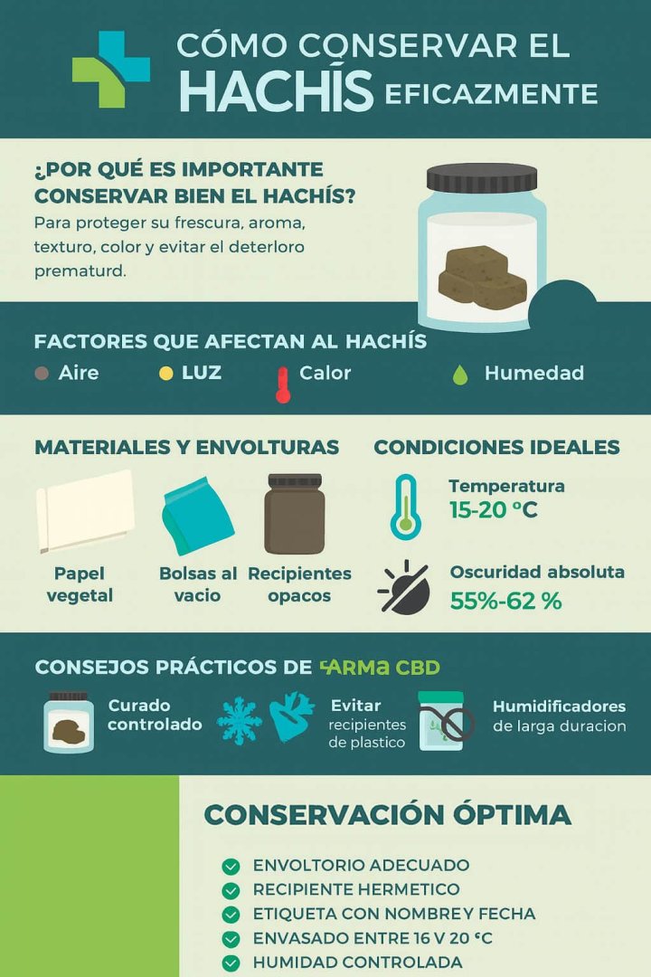 Infografía explicativa sobre los mejores métodos para conservar hachís CBD: envoltorios, recipientes y condiciones ideales.