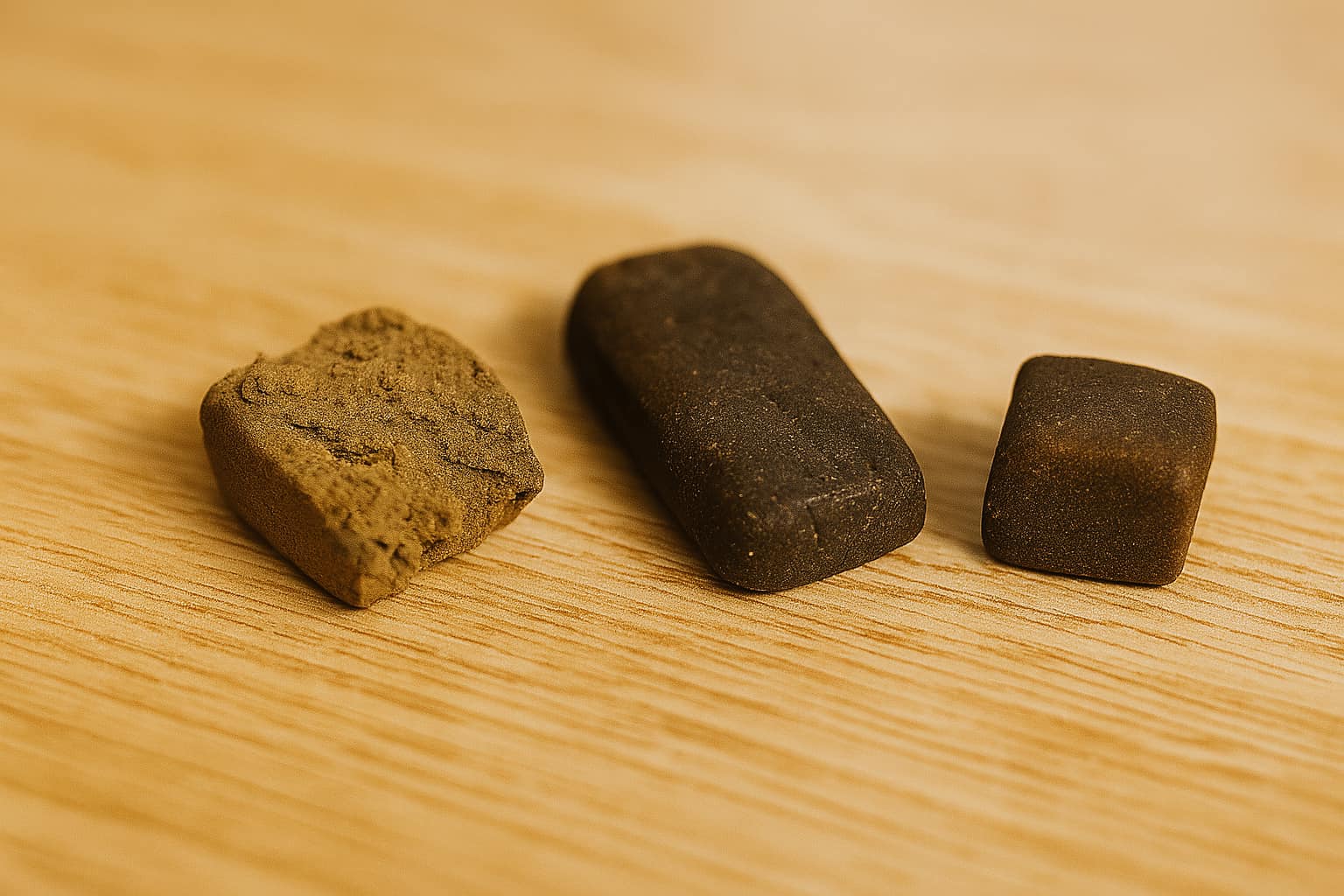 Tres tipos de hash CBD sobre una mesa comparando colores y texturas