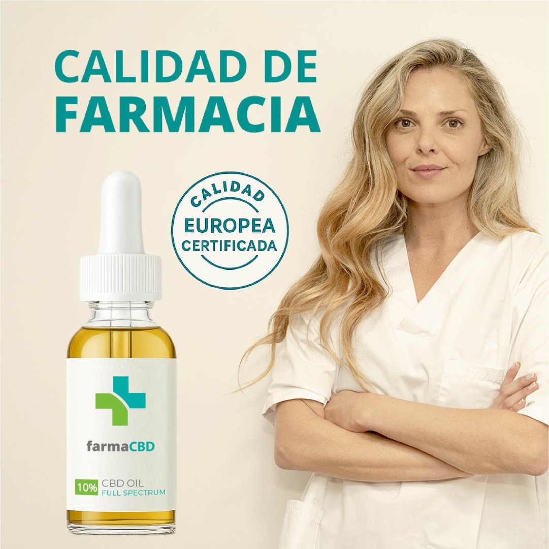 Profesional sanitaria junto a aceite CBD 10% de Farma CBD con calidad europea