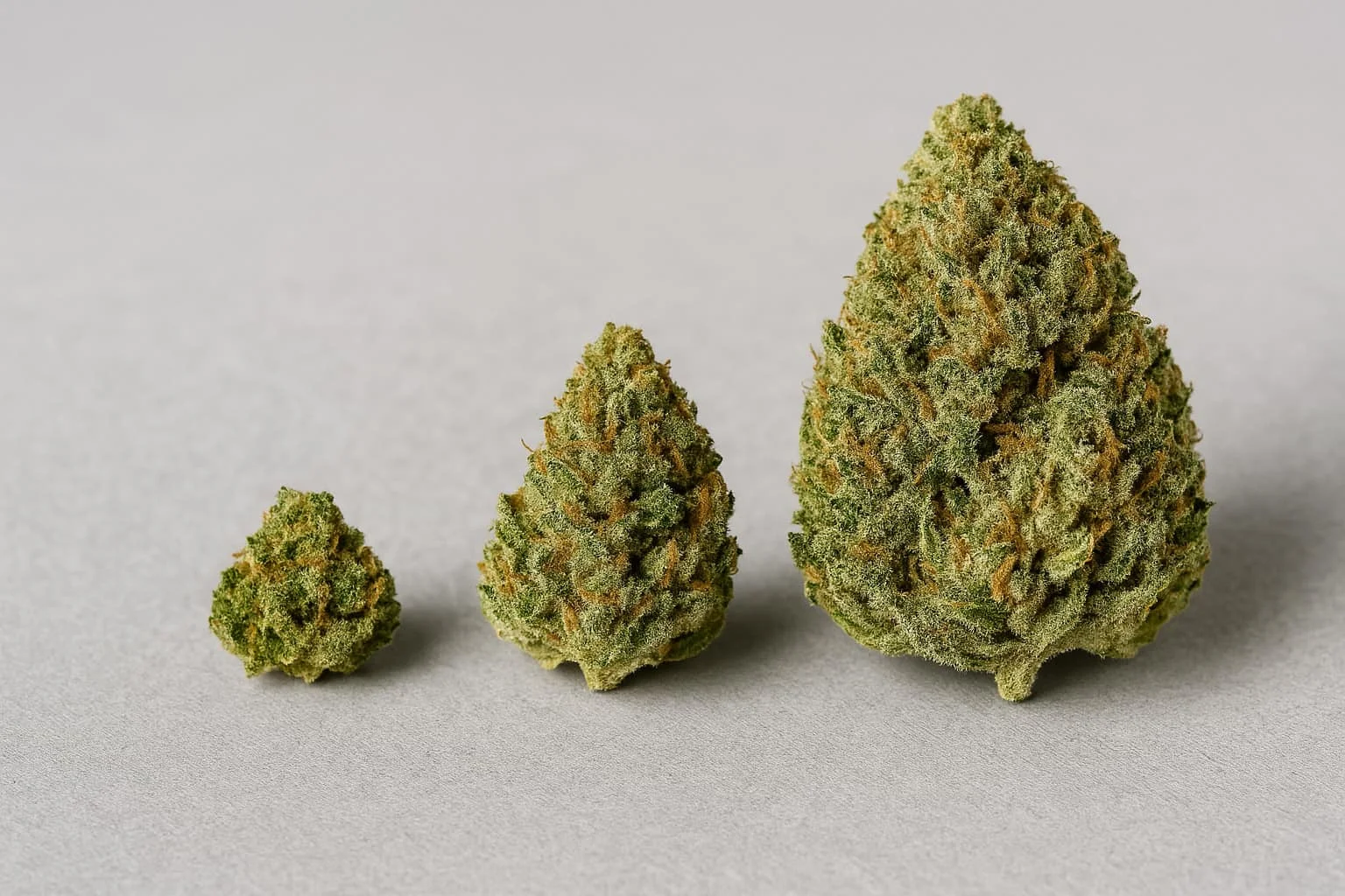 Flores de CBD de distintos tamaños sobre fondo neutro