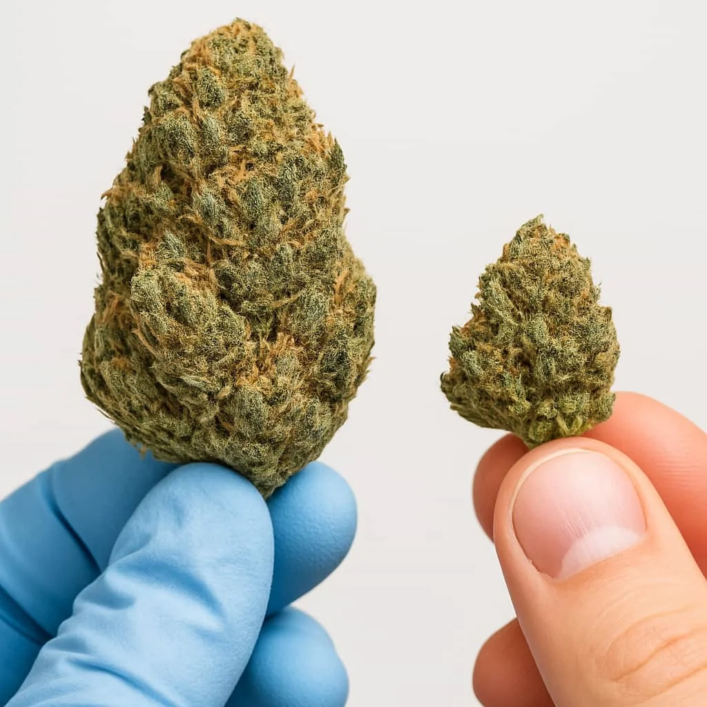 Cogollo premium junto a small bud de CBD para comparar tamaños