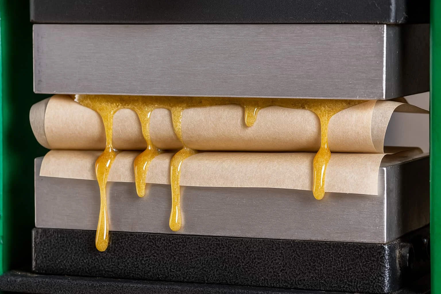 Rosin de CBD saliendo entre papeles de horno durante la extracción en prensa