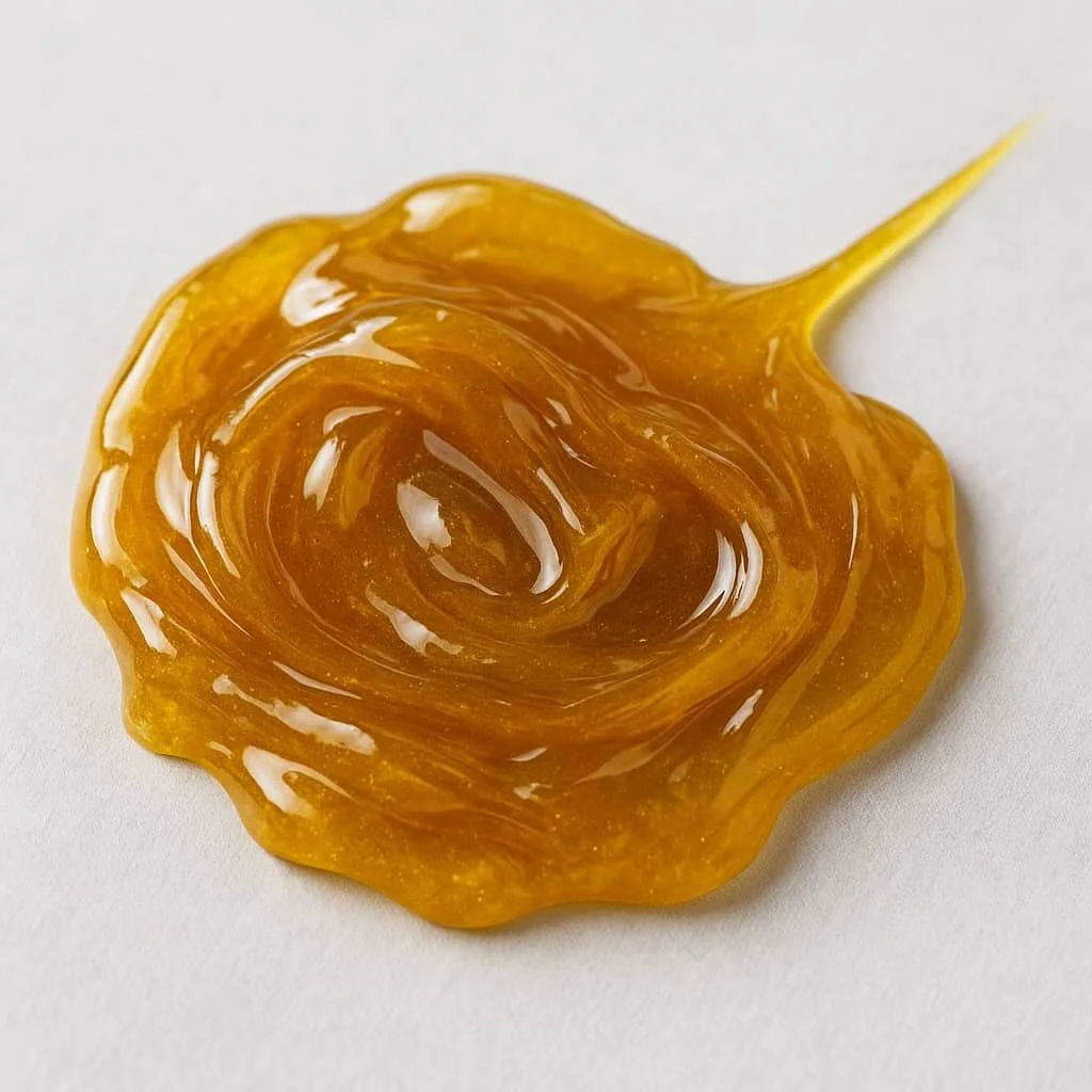 Rosin CBD de textura pura y color ámbar sobre papel antiadherente