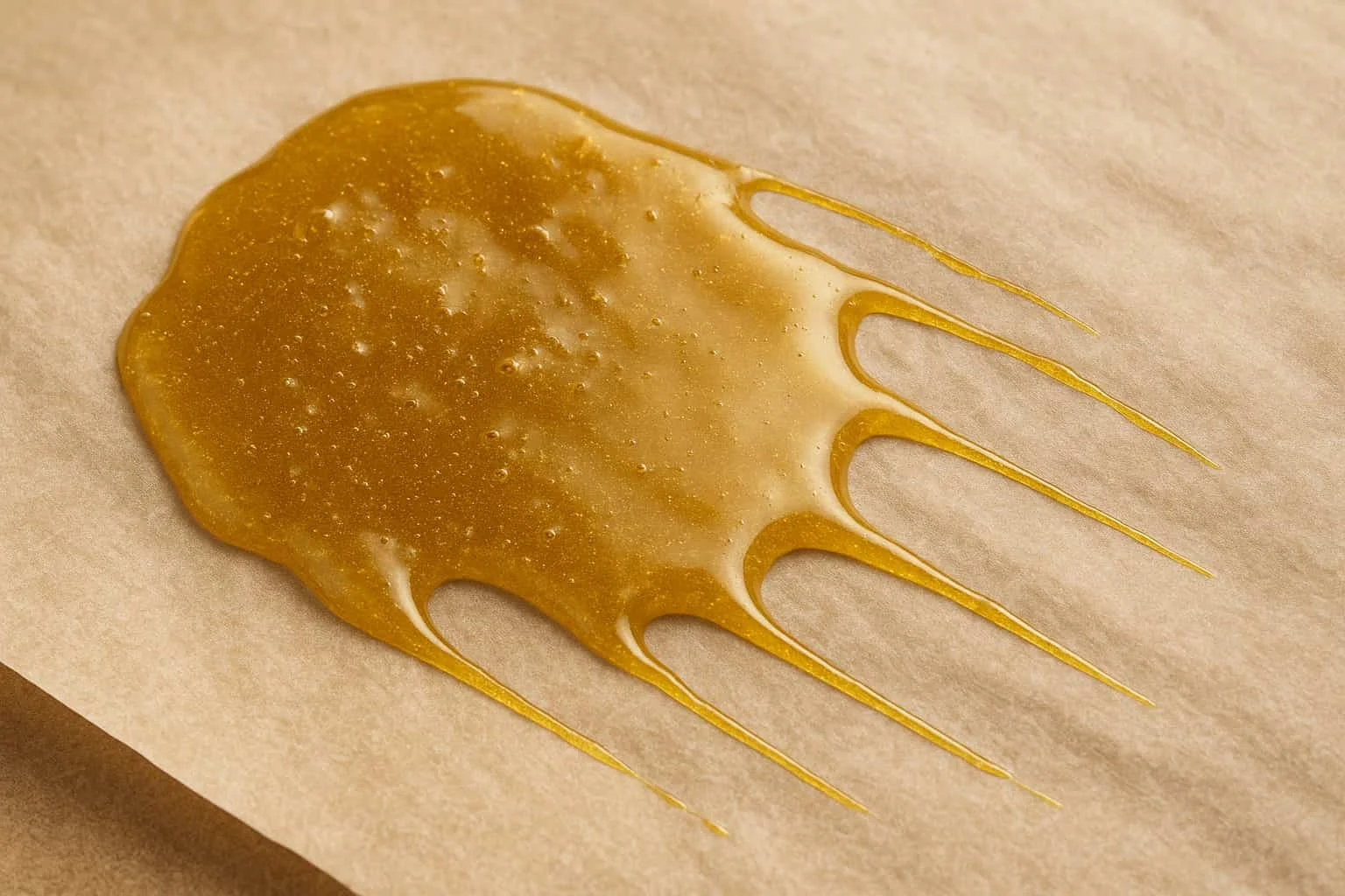 Rosin CBD extendido sobre papel de horno tras extracción