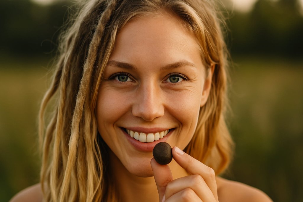 Mujer nórdica rubia con rastas sonriendo mientras huele una pieza de hash CBD