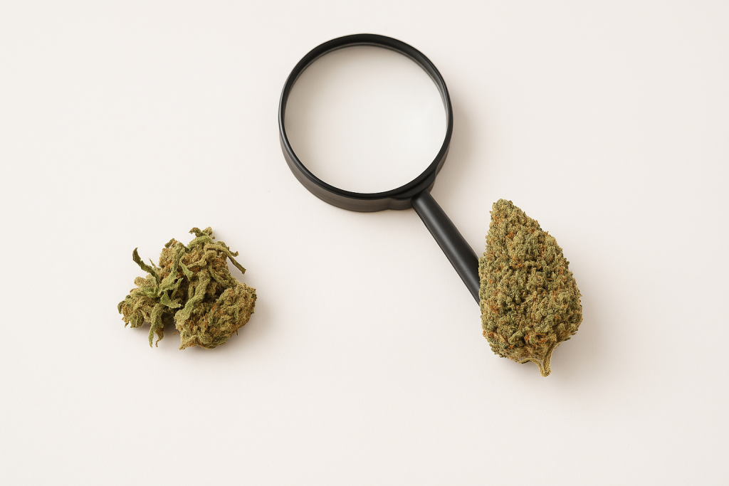 Comparativa de cogollos de CBD con lupa sobre fondo blanco