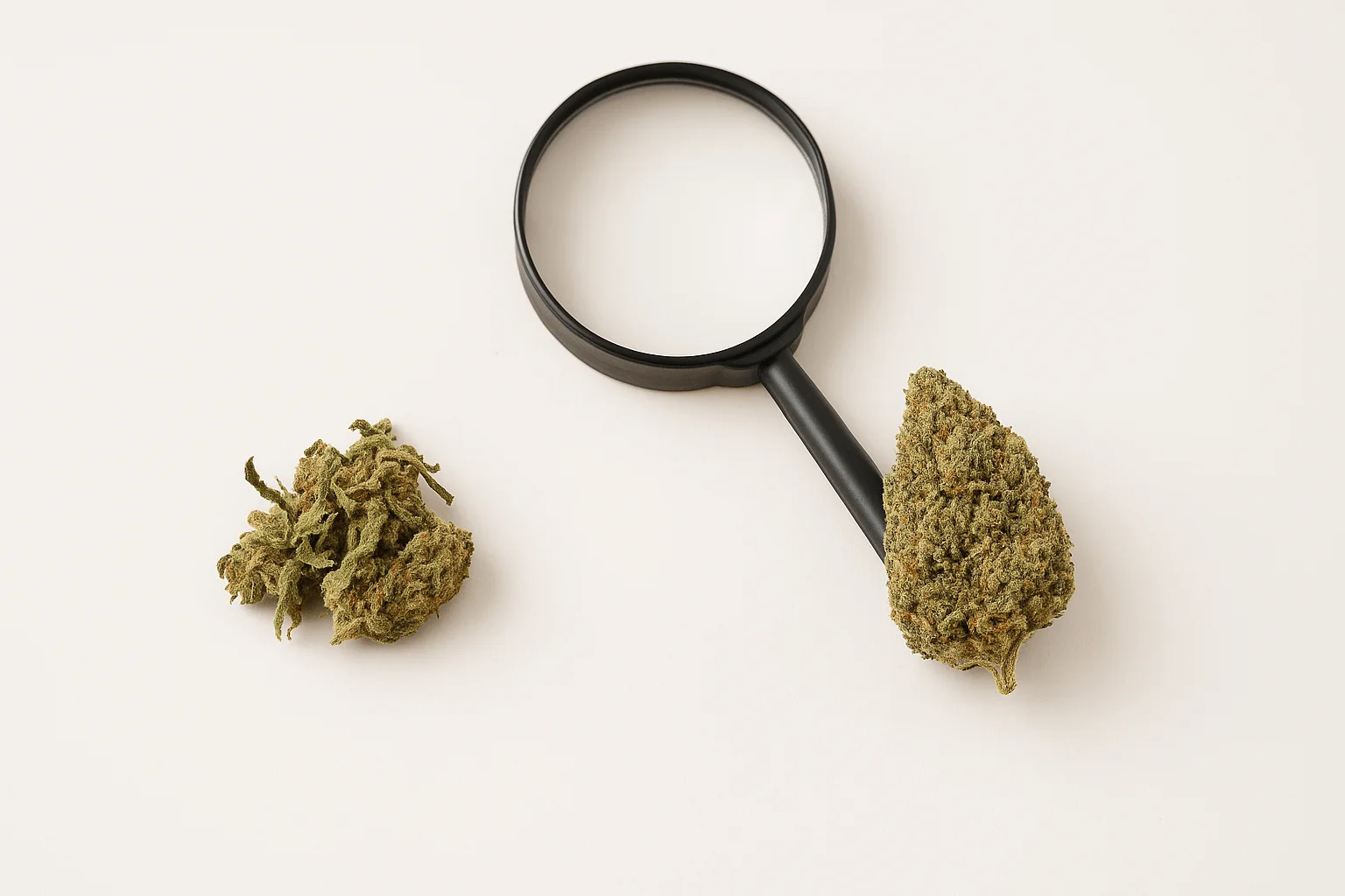 Comparativa de cogollos de CBD con lupa sobre fondo blanco