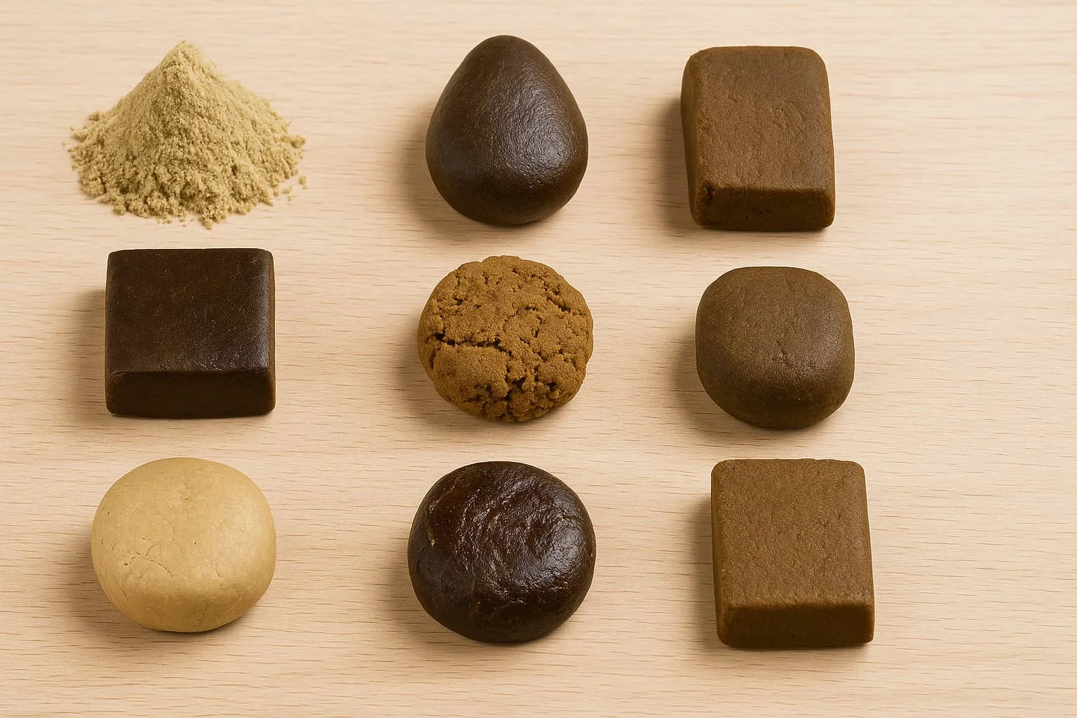 Diferentes tipos de hash CBD económico y premium dispuestos sobre una mesa de madera clara