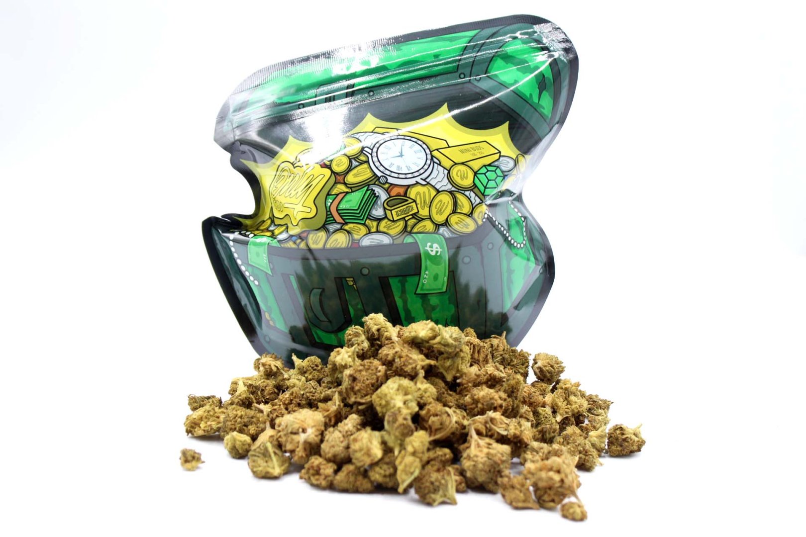 Bolsa OnlyCBD Mini Buds 50g con diseño de tesoro