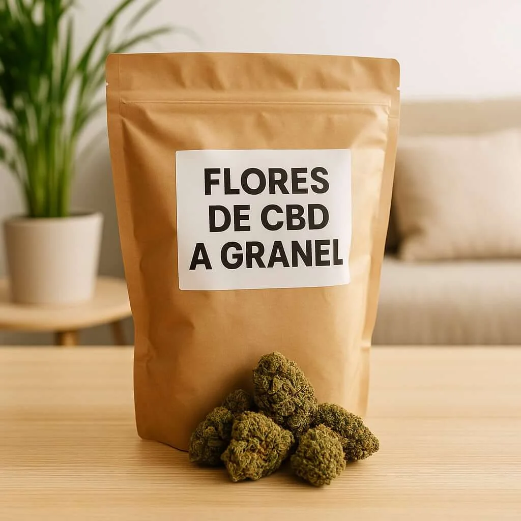 Bolsa kraft con cogollos de CBD frescos sobre mesa