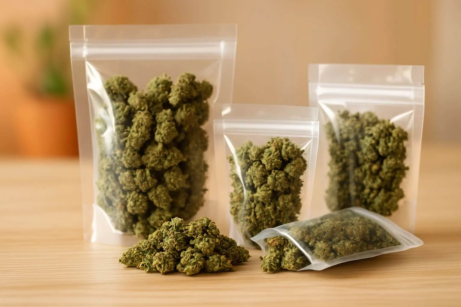 Bolsas transparentes con cogollos de CBD al por mayor sobre superficie de madera