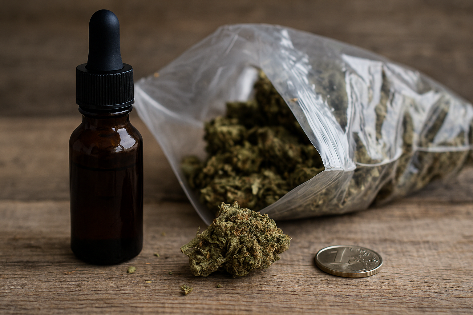 Bolsa grande con cogollos de CBD económicos junto a frasco de aceite