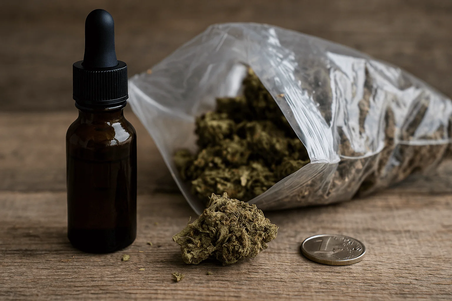 Bolsa grande con cogollos de CBD económicos junto a frasco de aceite