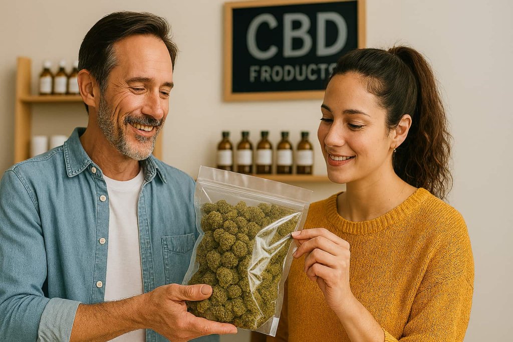 Hombre y mujer sonrientes sosteniendo bolsa con flores de CBD