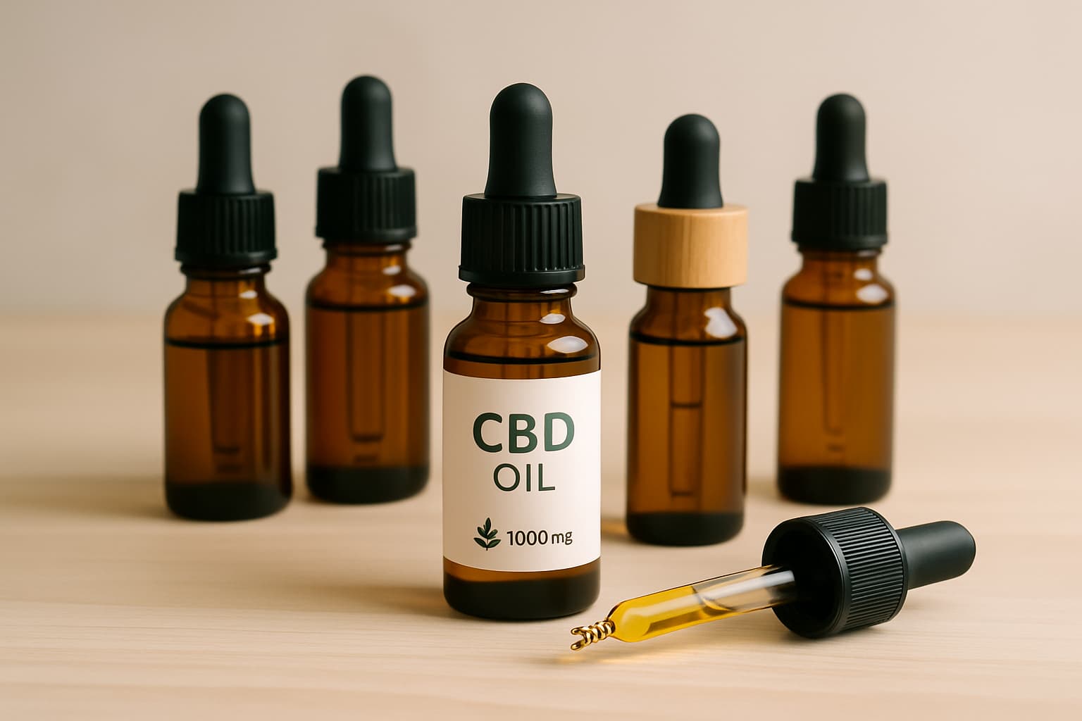 Varias botellas de aceite de CBD en formato gotero sin marca