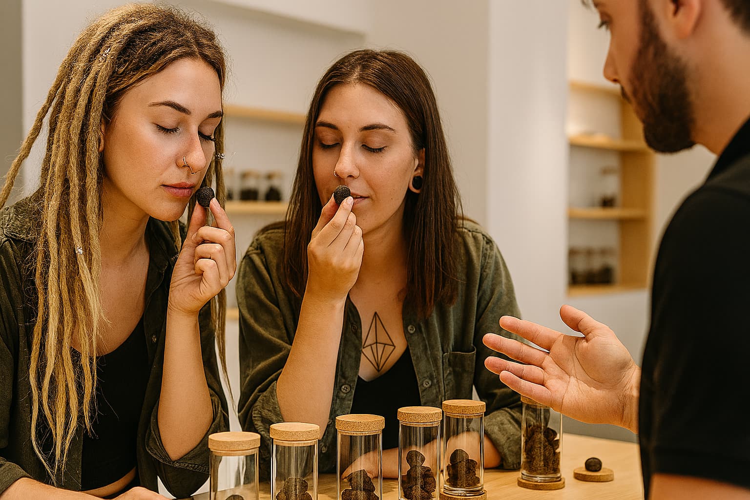 Dos chicas explorando resinas de CBD económicas con ayuda de un experto en tienda minimalista