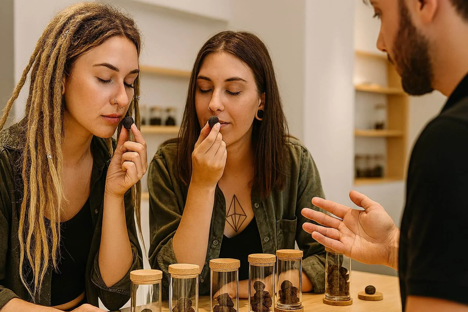 Dos chicas explorando resinas de CBD económicas con ayuda de un experto en tienda minimalista
