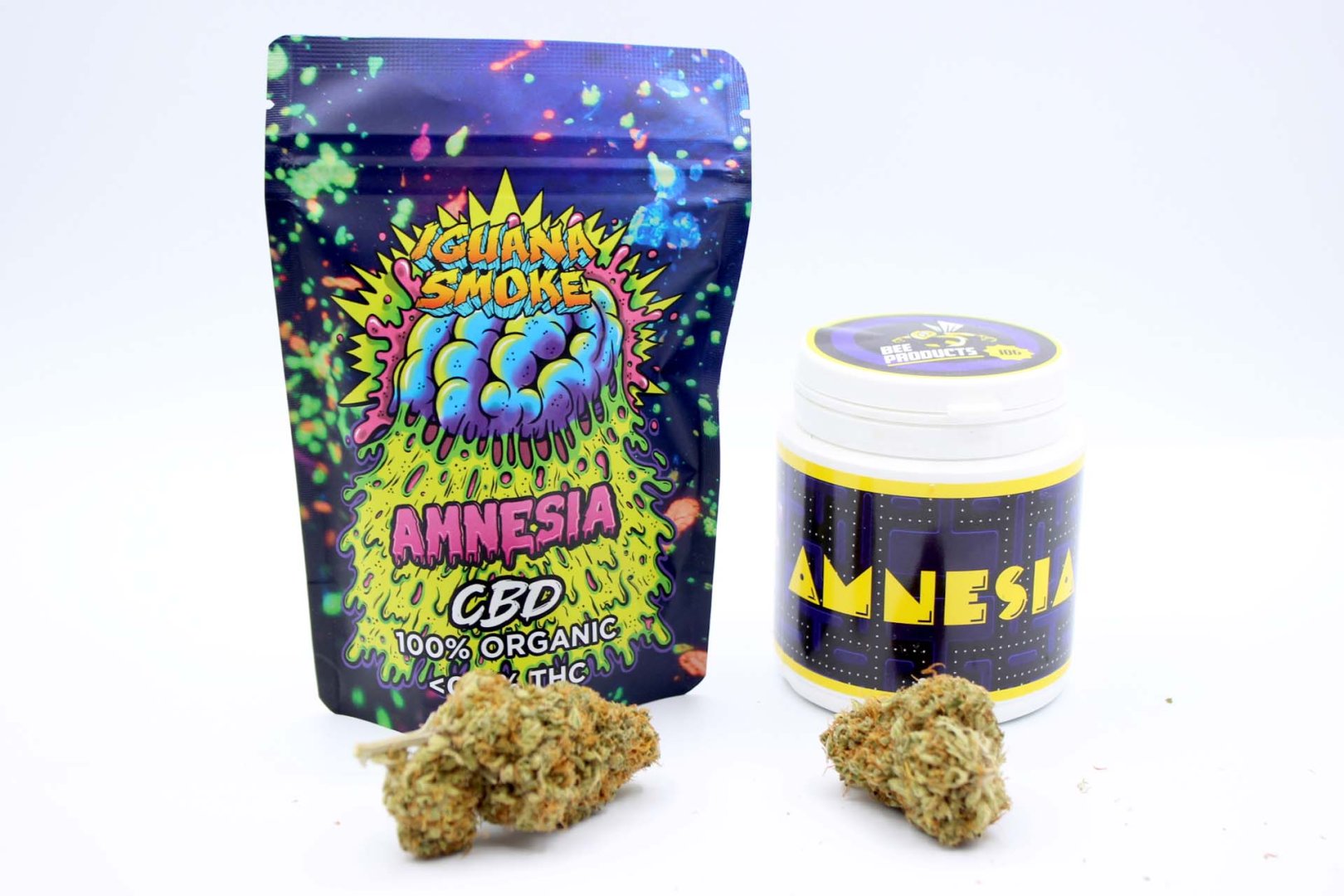 Productos CBD con genética Amnesia de Iguana Smoke y Bee Products
