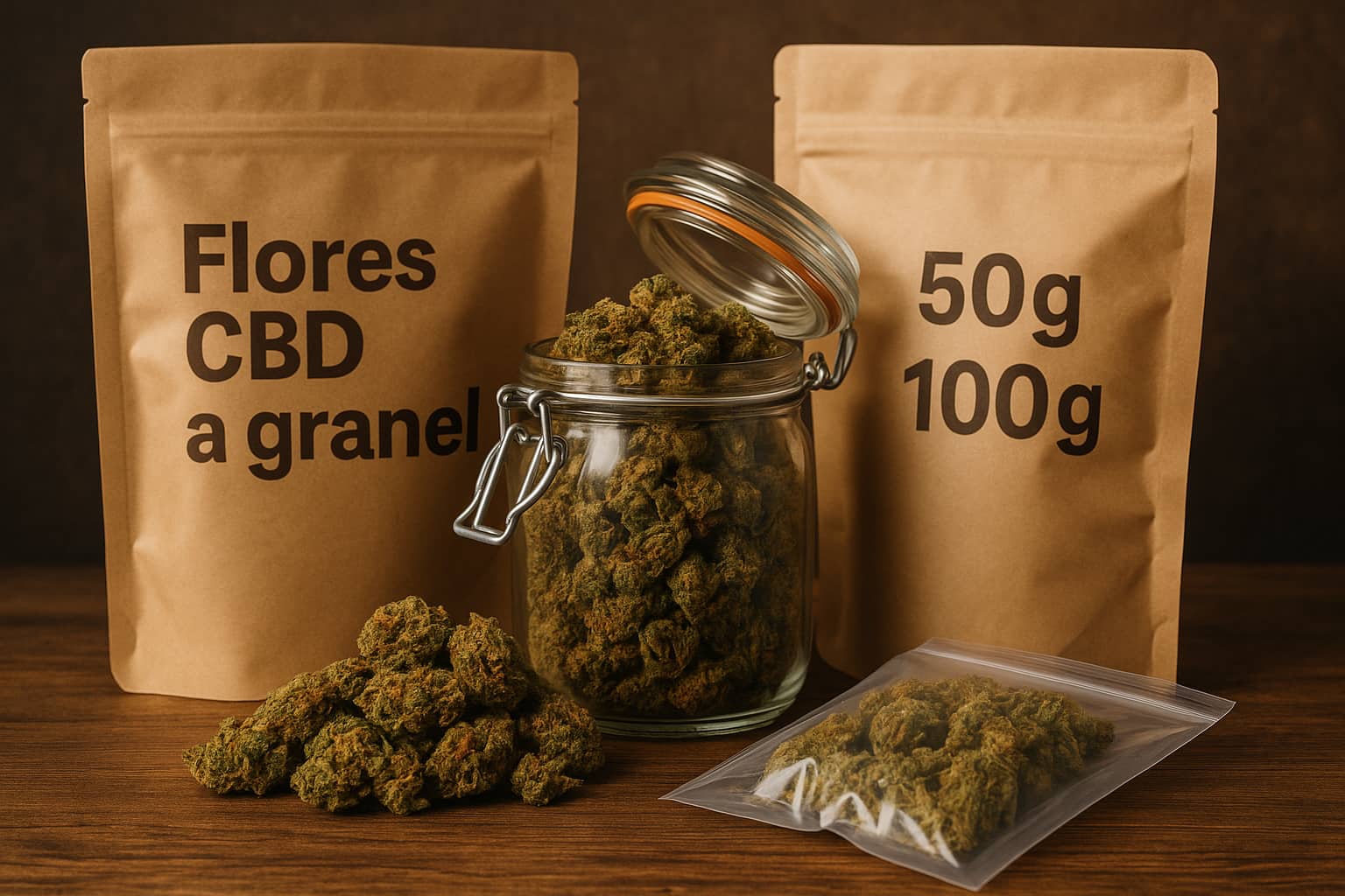 Bolsa de flores de CBD al por mayor junto a frascos de vidrio con cogollos