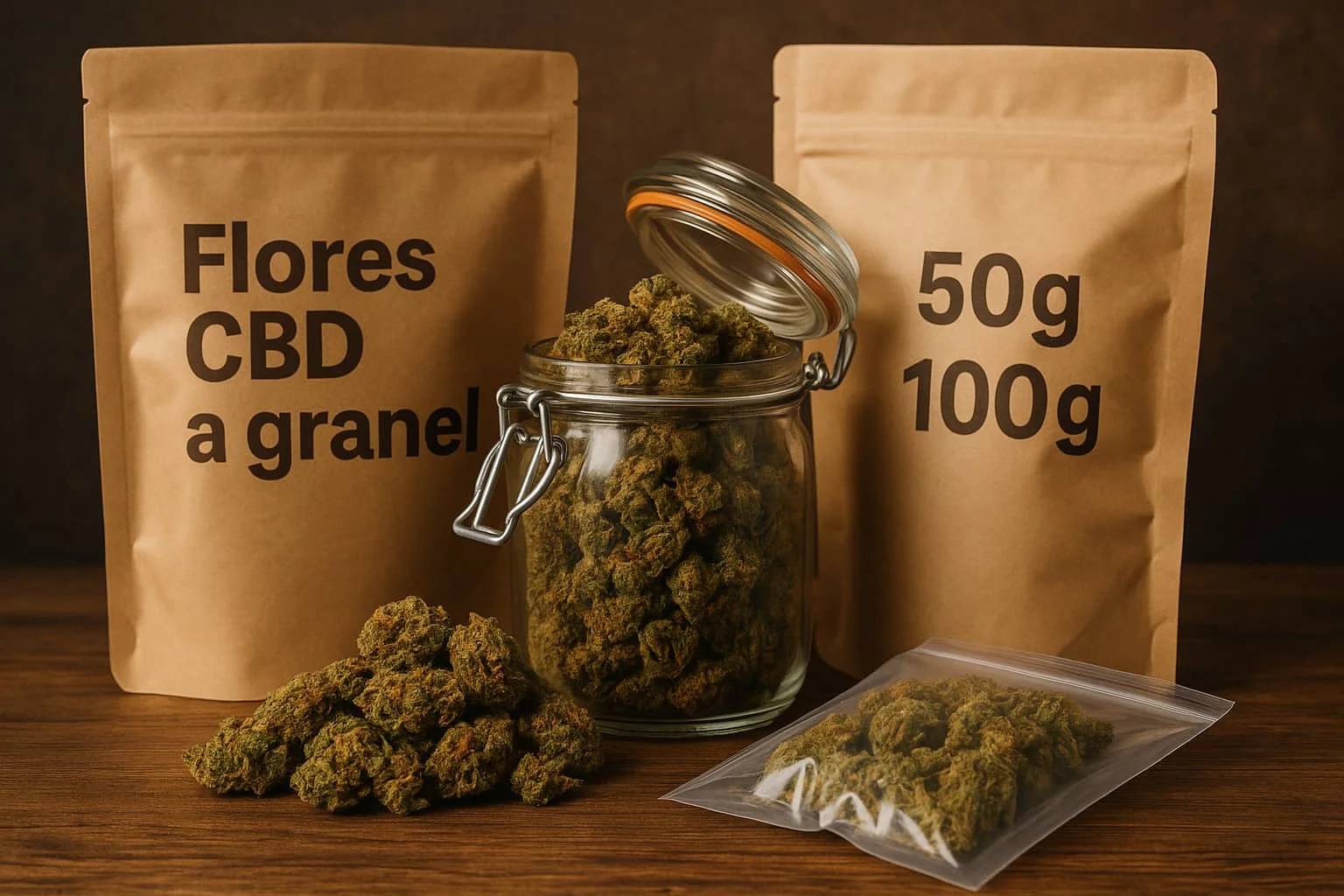 Bolsa de flores de CBD al por mayor junto a frascos de vidrio con cogollos