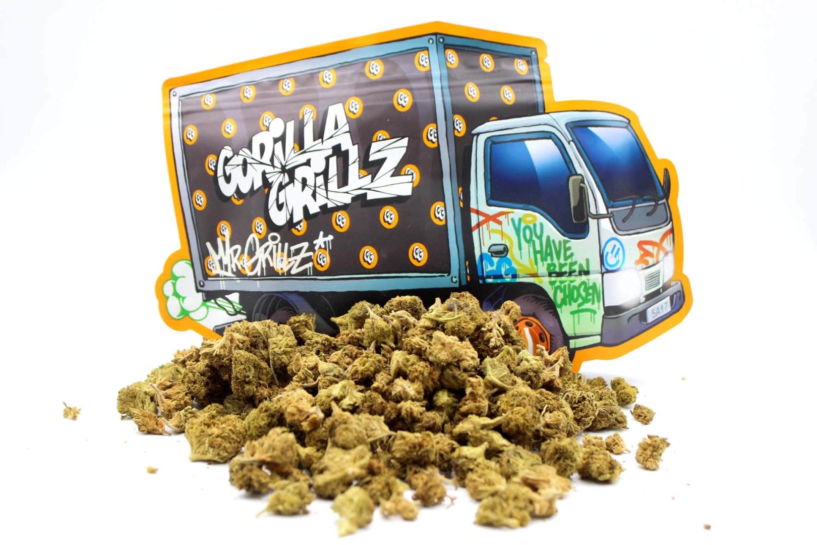 Small Buds CBD Gorilla Grillz en bolsa de diseño camión grafiteado