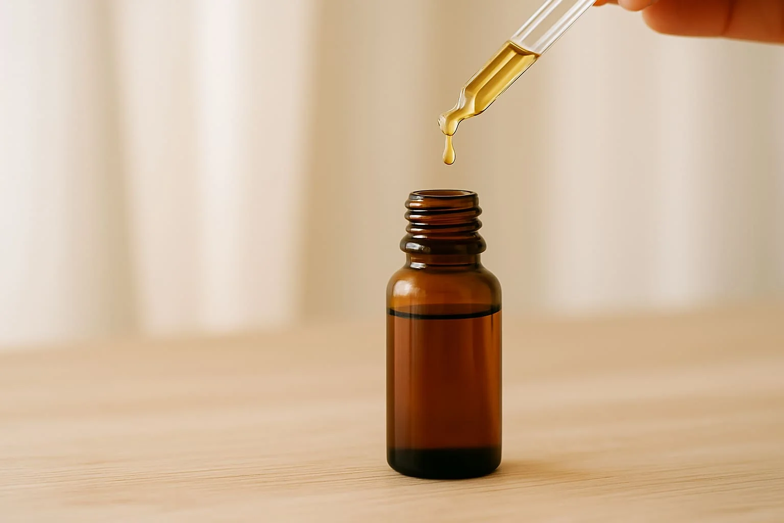 Gota de aceite de CBD cayendo dentro de una botella ámbar
