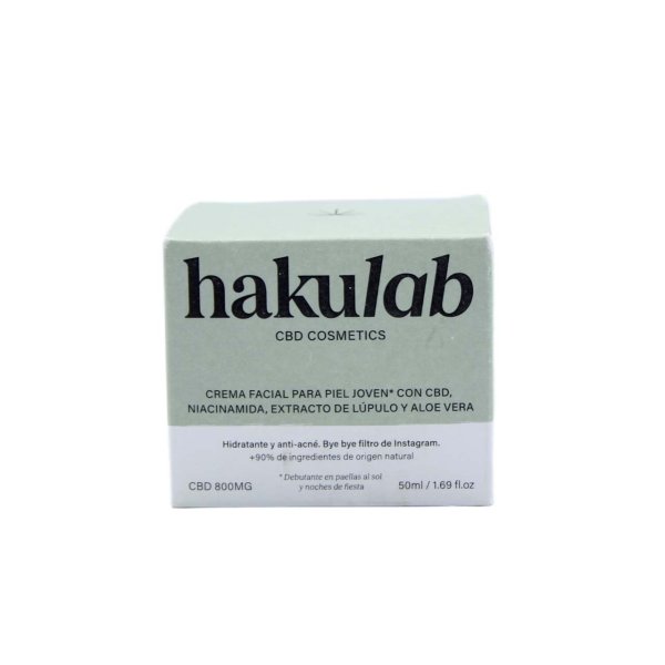 Imagen del frasco de crema facial Hakunalab para piel joven. Enriquecida con cannabidiol, niacinamida y aloe vera.