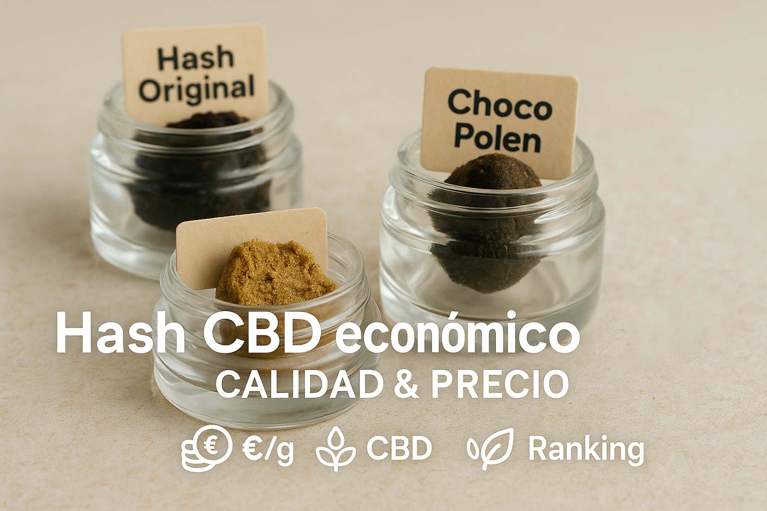 Tres tipos de hash CBD económico en botes de cristal: Hash Original, Choco Polen y Polen Rubio