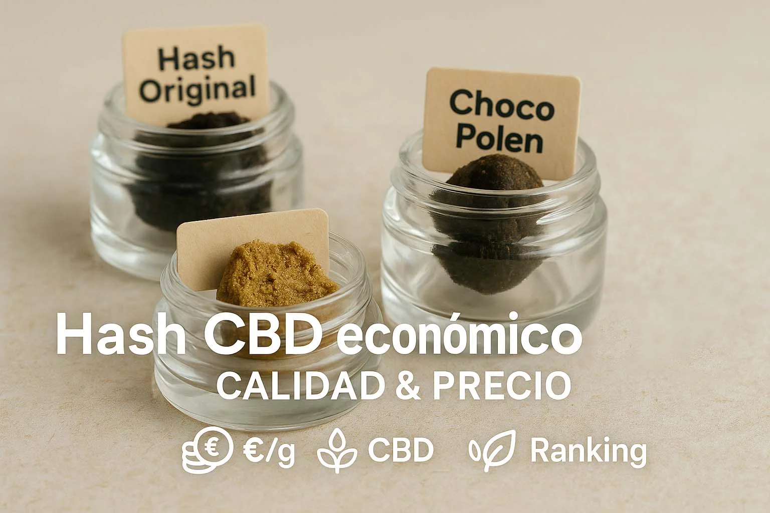 Tres tipos de hash CBD económico en botes de cristal: Hash Original, Choco Polen y Polen Rubio