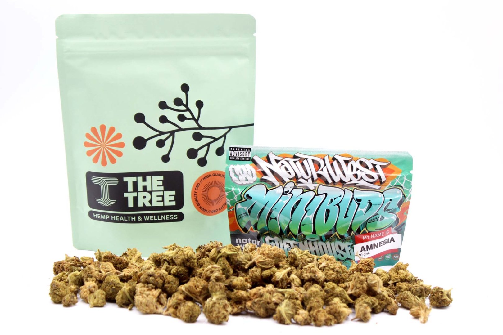 Mini cogollos CBD de Naturwest Amnesia y The Tree en formato 10 gramos