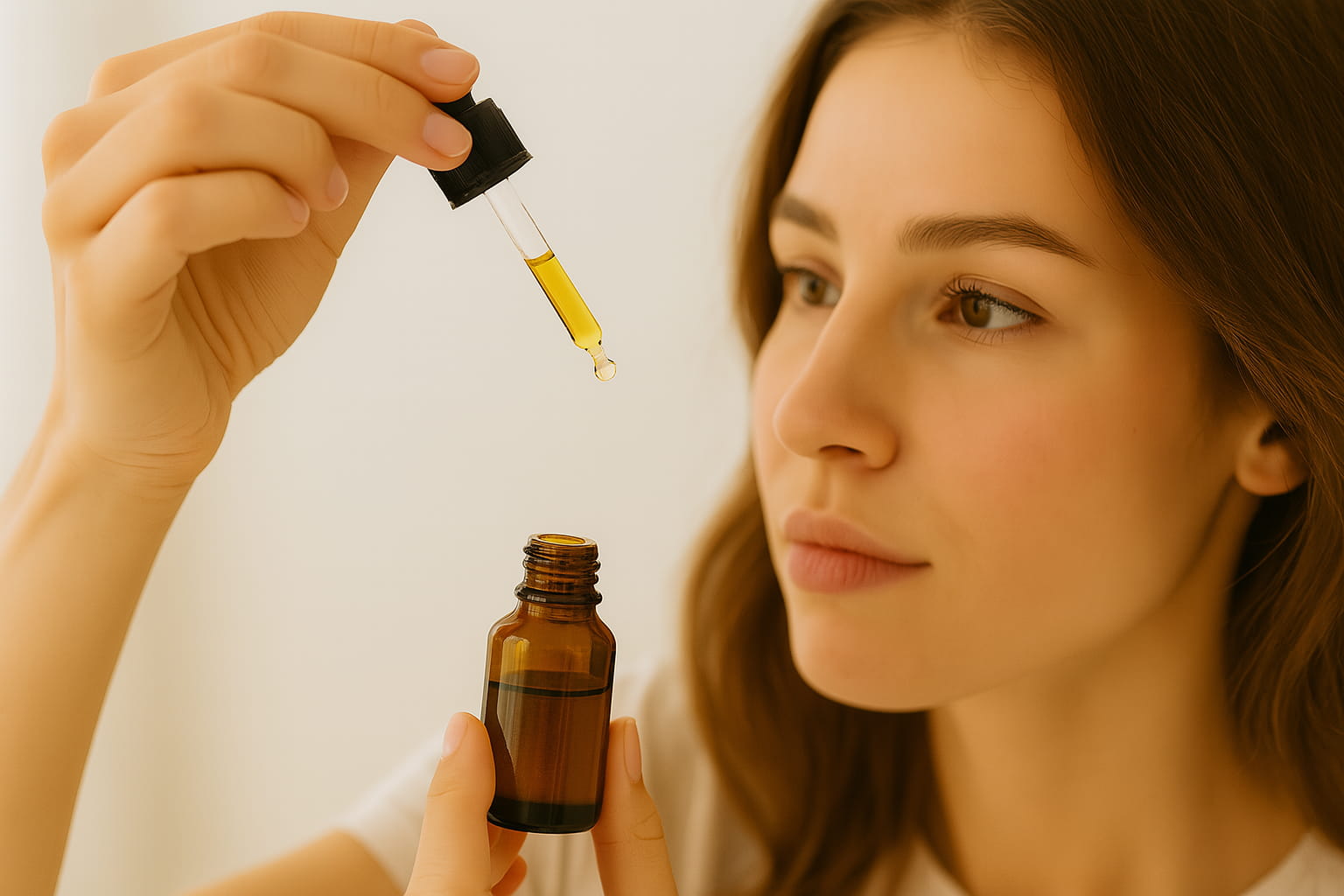 Mujer joven observando una gota de aceite de CBD desde un gotero