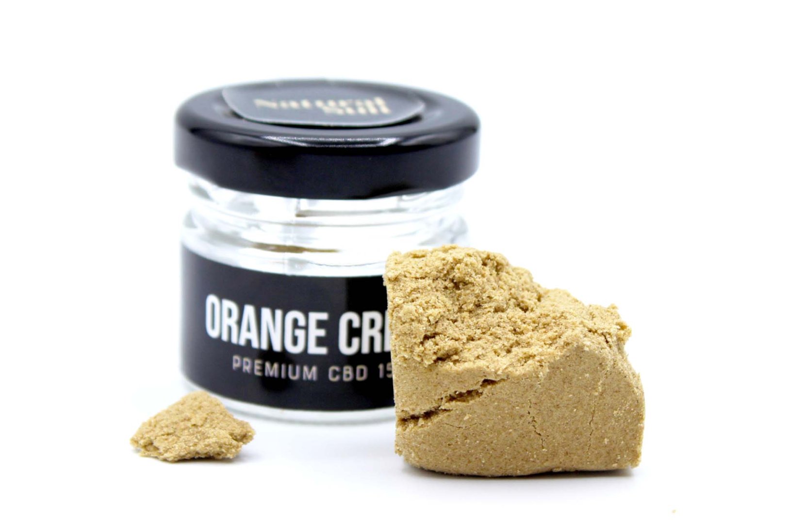 Bote de Orange Cream 15% junto a fragmentos de polen rubio CBD