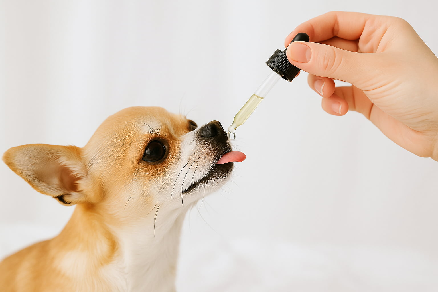 Perro pequeño tomando aceite de CBD con gotero