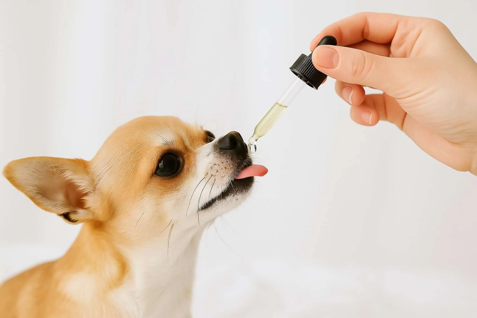 Perro pequeño tomando aceite de CBD con gotero