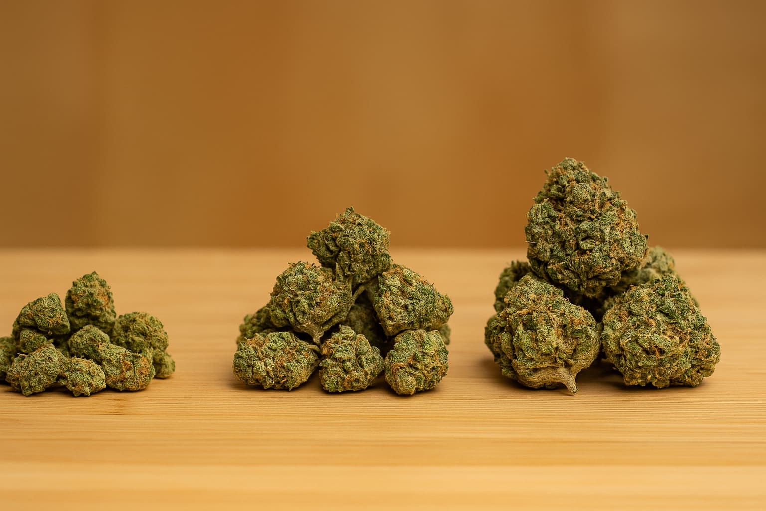 Pila de cogollos Small Buds, Popcorn y Minibuds sobre mesa
