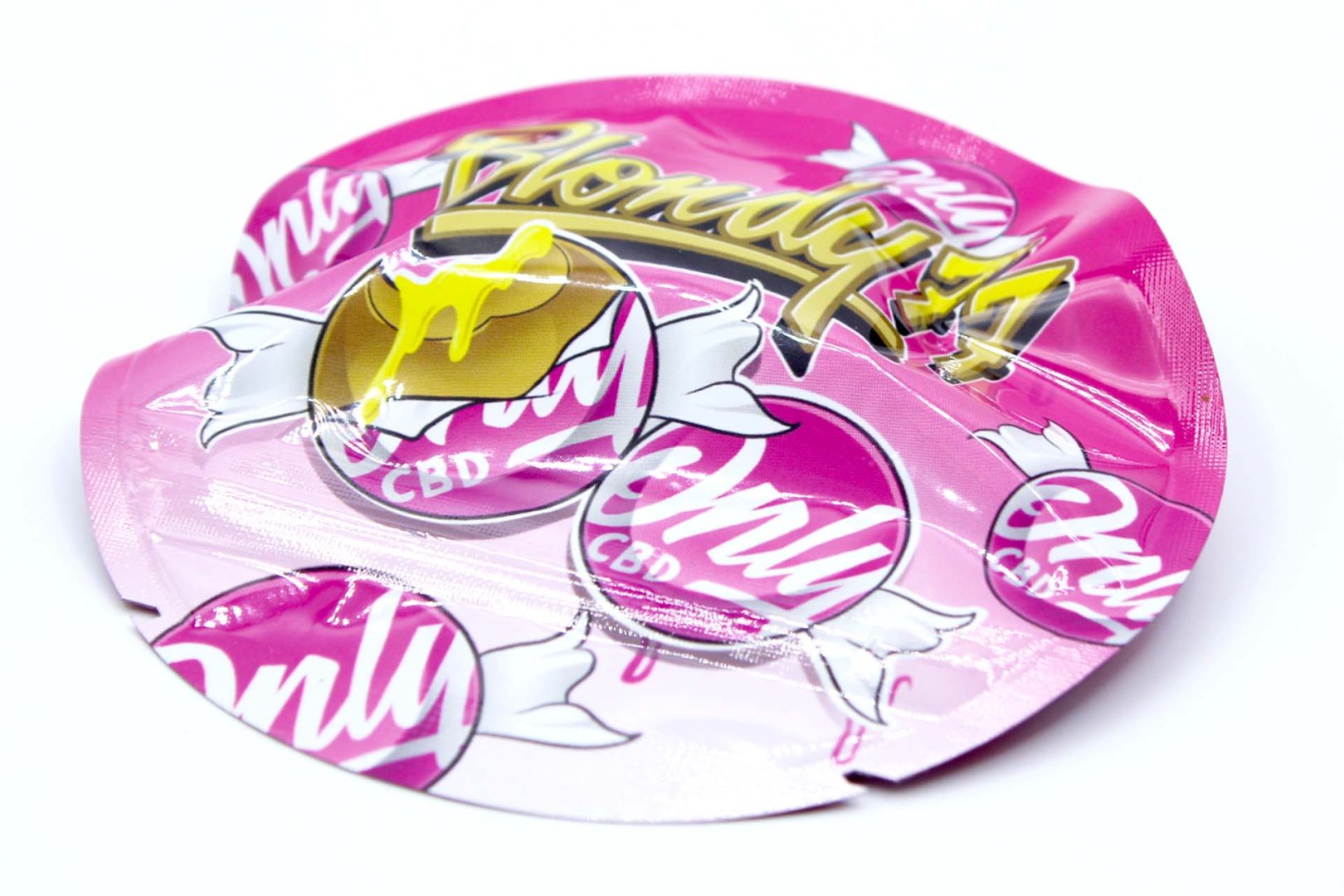 Sobre rosa y amarillo de resina CBD Blondy 77 con ilustración de jarabe