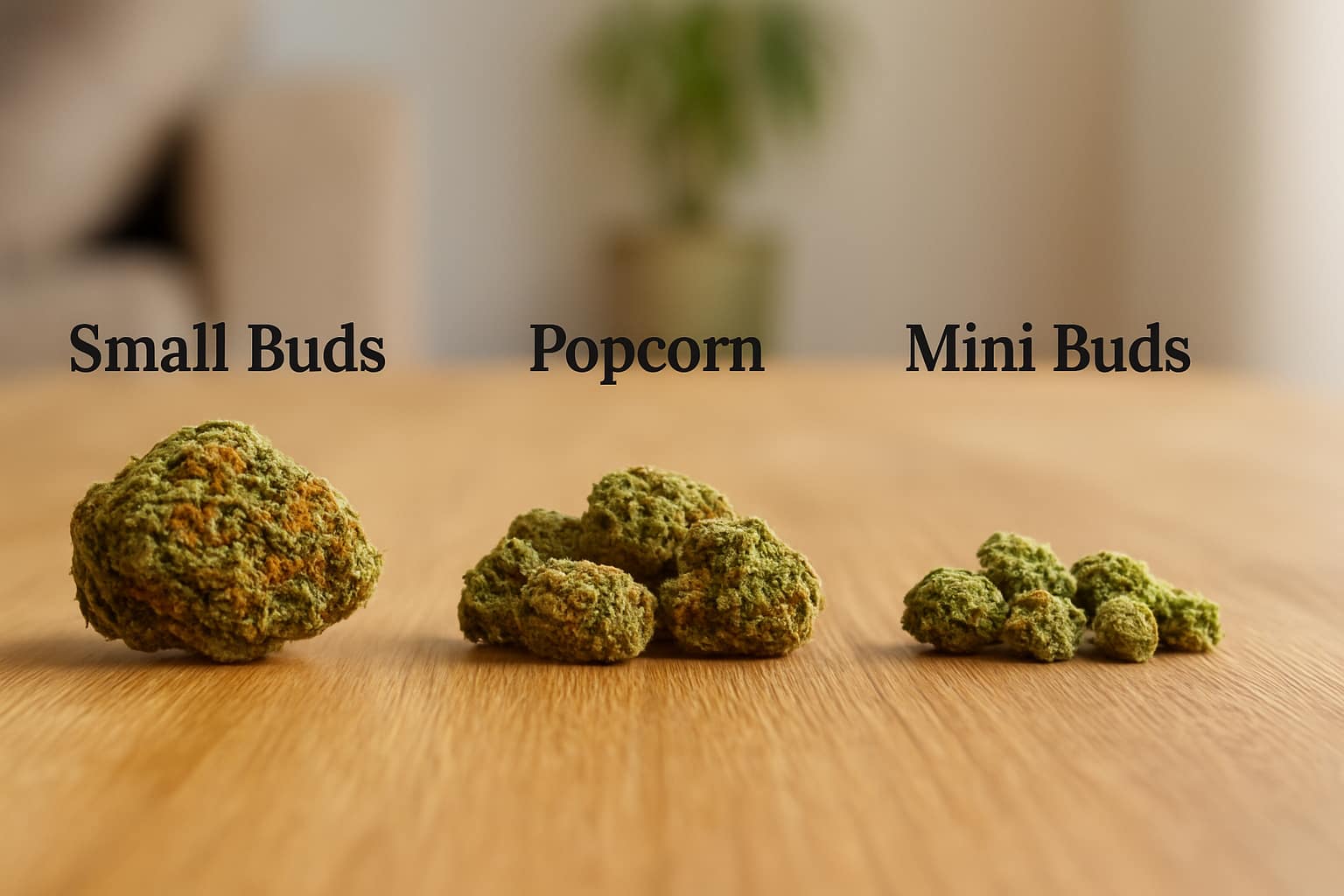 Small Buds, Popcorn y Minibuds en comparación frontal sobre madera