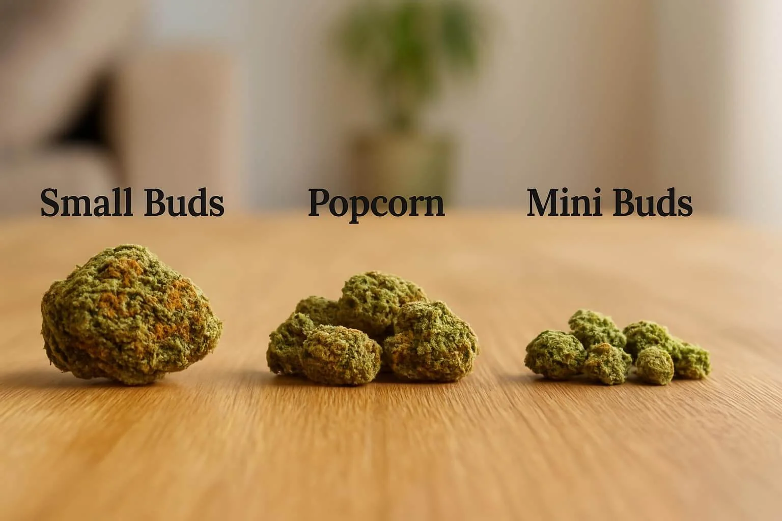 Small Buds, Popcorn y Minibuds en comparación frontal sobre madera