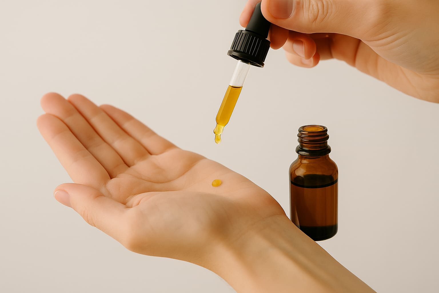 Mano abierta recibiendo una gota de aceite de CBD desde gotero