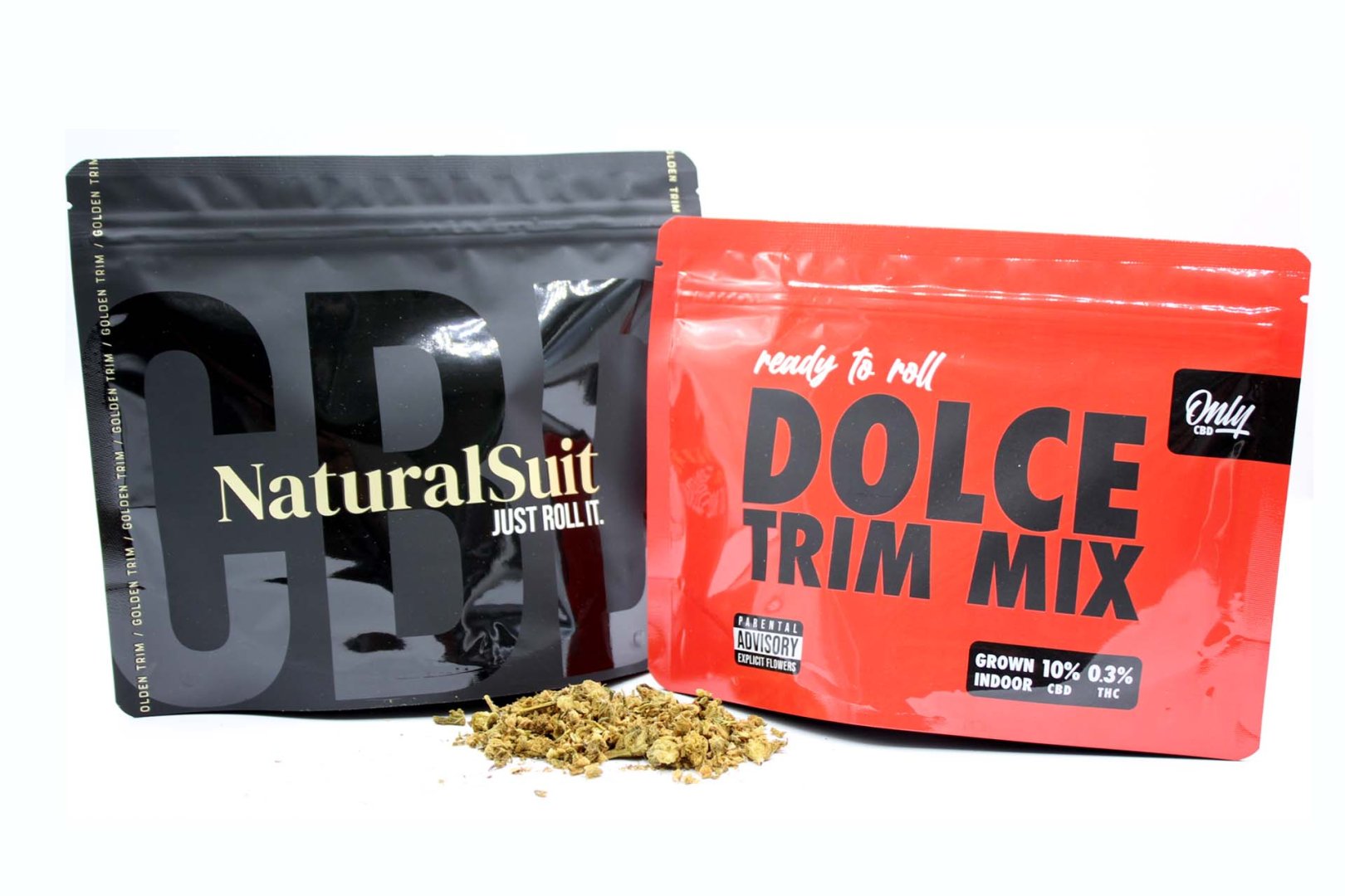 Trim de CBD delante de envases Dolce y NaturalSuit