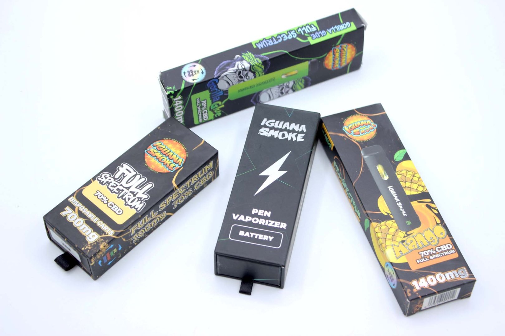 vapers CBD Iguana Smoke con sabores variados en cajas coloridas